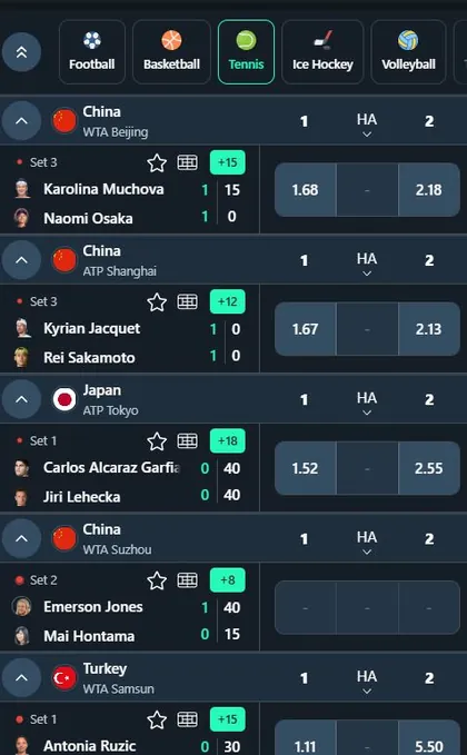 Spurbets live tennis list with WTA Beijing and ATP Shanghai matches and extra market counters