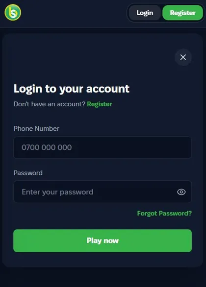 Spurbets Login to your account window with Phone Number and Password fields and the Play now button